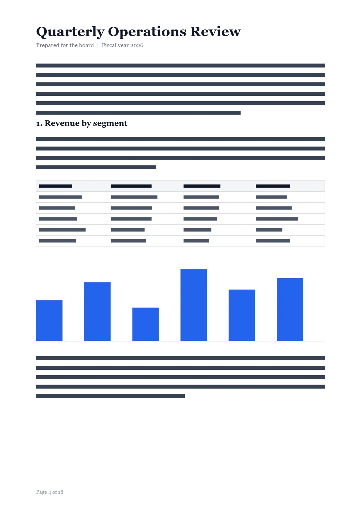 A synthetic report page with a heading, body text, a table and a bar chart, rendered at 1190 by 1684 pixels